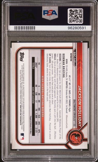 Jackson Holliday REFRACTOR 2022 1st Bowman Chrome Draft Baltimore Orioles PSA 9 view 2