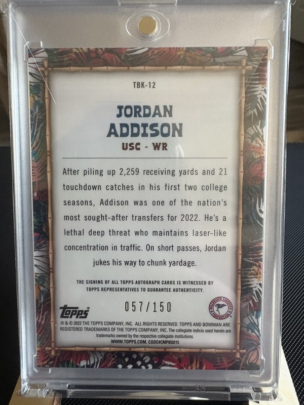 2022 Bowman University Jordan Addison Refractor AUTO Big Kahuna /150  view 2