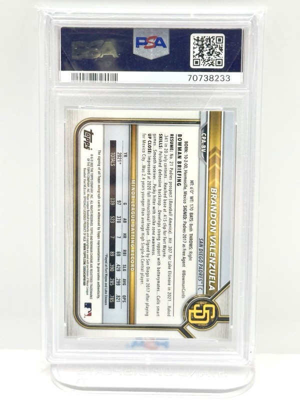 Brandon Valenzuela 2022 Bowman Chrome AUTO #CPABV RC PSA 10 Toronto Blue Jays view 2