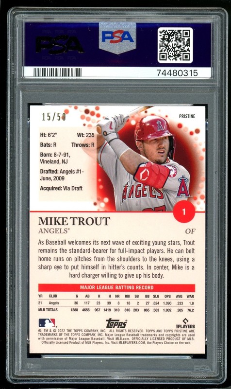 2022 Topps Pristine Gold Refractor #1 Mike Trout Angels 15/50 PSA 10 GEM MINT view 2