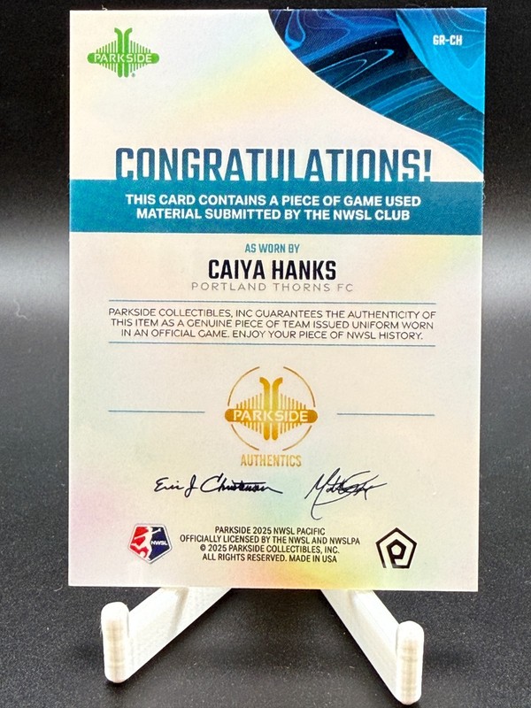 Caiya Hanks 2025 Parkside NWSL Pacific GAME USED MATCH WORN Jersey Relic view 2