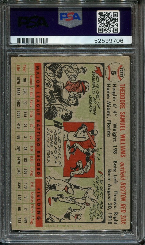 1956 Topps #5 Ted Williams PSA 1 HOF Boston Red Sox view 2