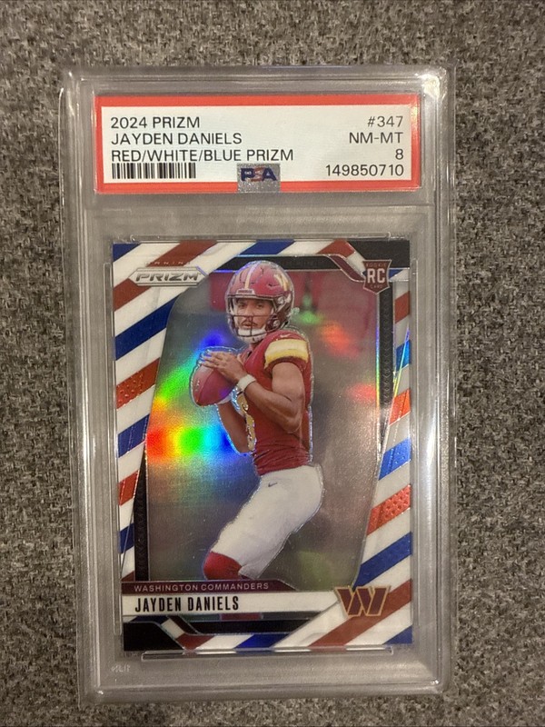 2024 Panini Prizm Football Jayden Daniels Red White Blue Prizm RC #347 PSA 8