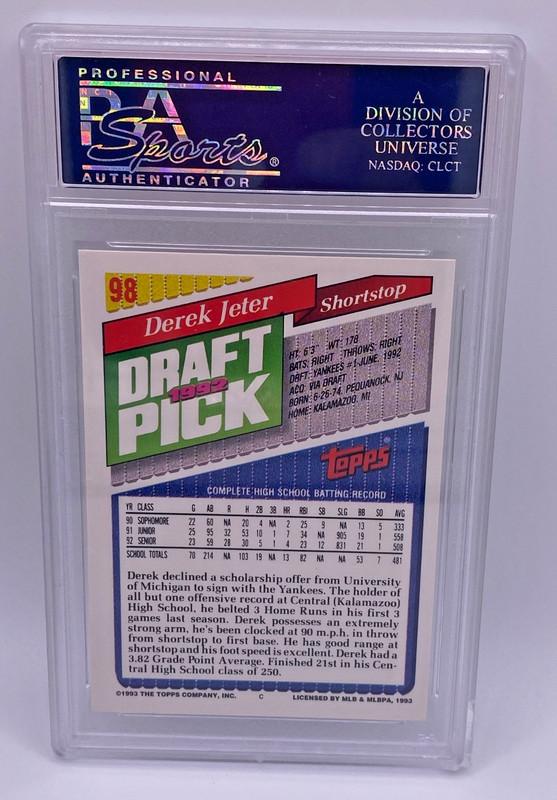 1993 TOPPS GOLD #98 DEREK JETER RC ROOKIE PSA 9 view 2