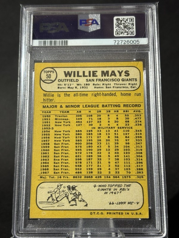 1968 Topps Willie Mays #50 PSA 3 Very Good Vintage San Francisco Giants view 2