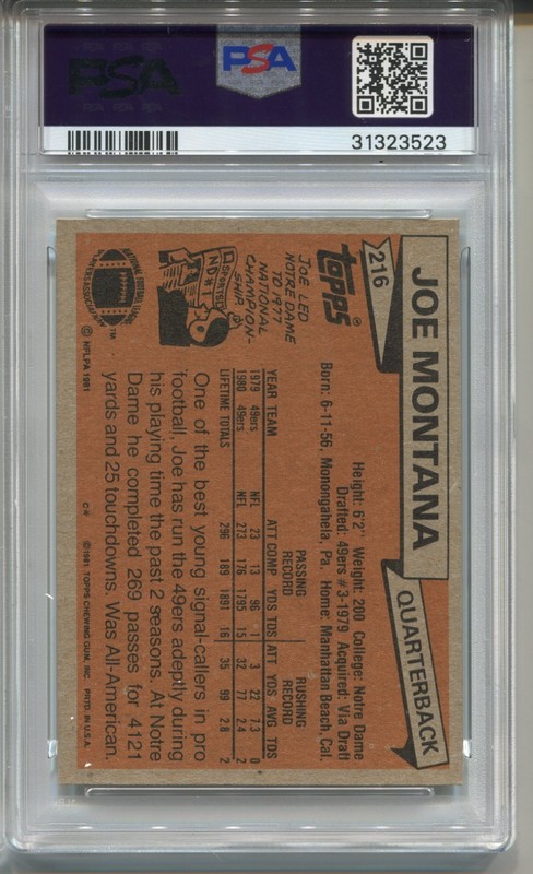 1981 Topps Joe Montana Rookie Card PSA 8 NM MINT OC Graded Football #216 RC view 2