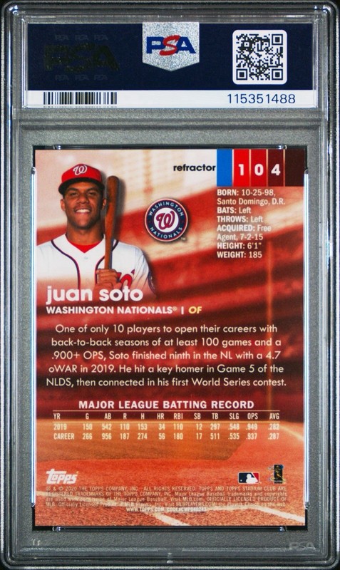 2020 STADIUM CLUB CHROME REFRACTOR #104 JUAN SOTO PSA 10 SOTO SHUFFLE view 2