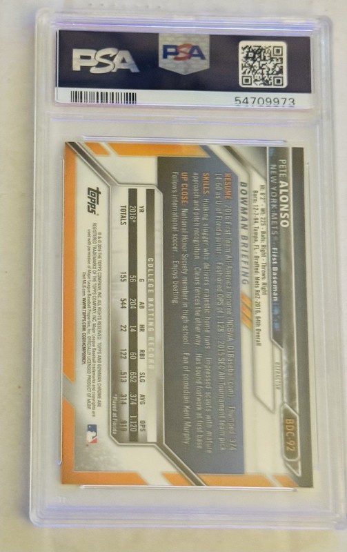 2016 Bowman Draft Chrome Refractor Pete Alonso #BDC92 PSA 9 view 2
