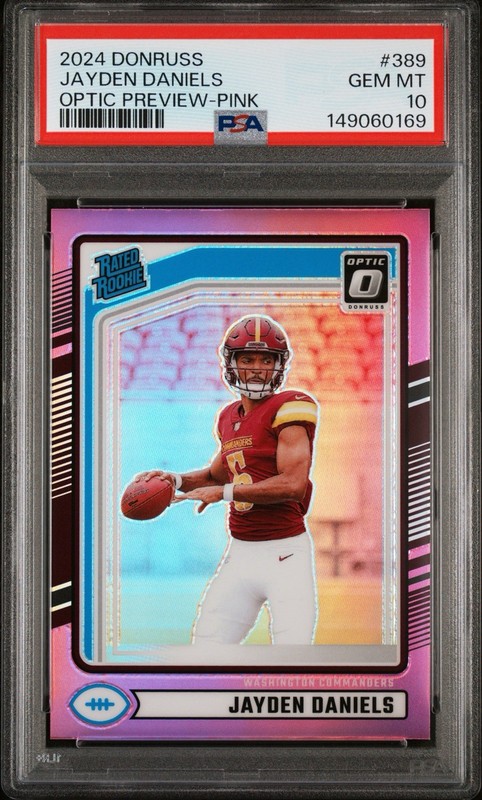 PSA 10 2024 Donruss Rated Rookie Jayden Daniels #389 Optic Preview Pink Prizm RC