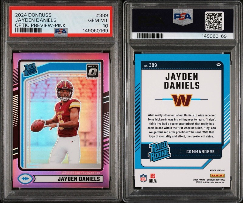 PSA 10 2024 Donruss Rated Rookie Jayden Daniels #389 Optic Preview Pink Prizm RC view 2