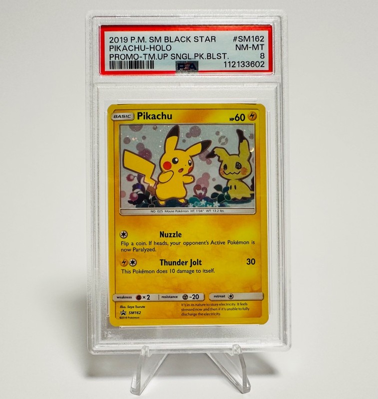 2019 Pokemon SM BSP Team Up Single Pack Blister #SM162 Pikachu Holo PSA 8