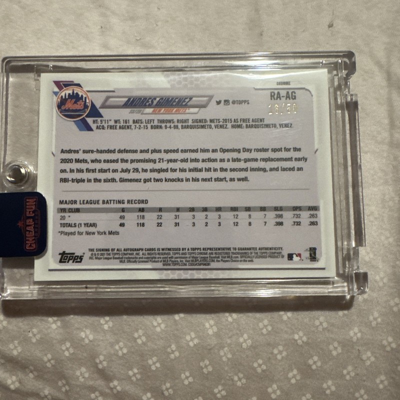 2021 Topps Chrome Baseball-Andres Gimenez RC #RA-AG-Gold Auto /50 view 2