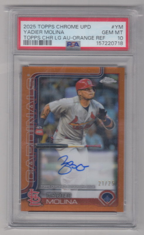 2025 TOPPS CHROME UPDATE YADIER MOLINA ORANGE AUTO AUTOGRAPH /25 PSA 10 POP 3