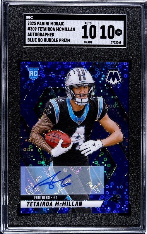 TETAIROA MCMILLAN RC Panthers psa 2025 Mosaic No Huddle BLUE PRIZM GM 10 AU 10!!