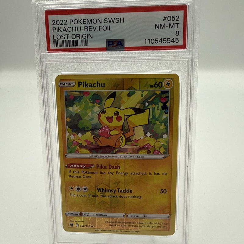 2022 POKEMON SWORD & SHIELD LOST ORIGIN #052 PIKACHU-REVERSE FOIL PSA 8