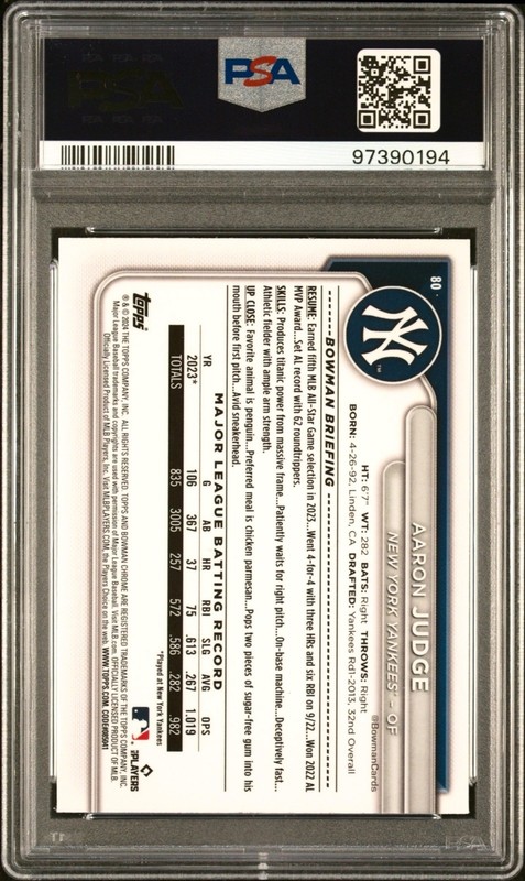 Aaron Judge RARE AQUA RAYWAVE REFRACTOR /199 BOWMAN CHROME INVESTMENT ROY PSA 10 view 2
