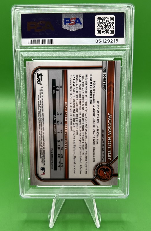 2022 Bowman Draft Chrome Jackson Holliday 1st Bowman #BDC168 PSA 8 NM-MT Orioles view 2