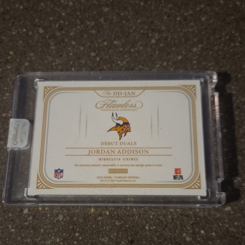 Panini Flawless 1/1 2023 Debut Duals Nike Jordan Addison Vikings DD-JAN RC Memo view 2