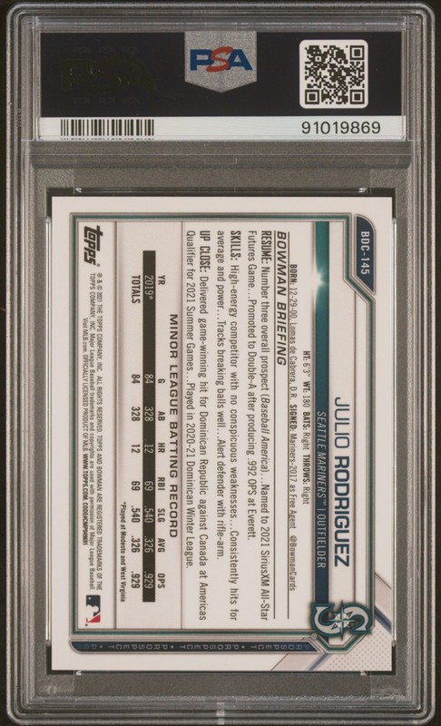 Julio Rodriguez 2021 Bowman Draft Chrome Sapphire Red 5/5 PSA 10 Mariners 📈 view 2
