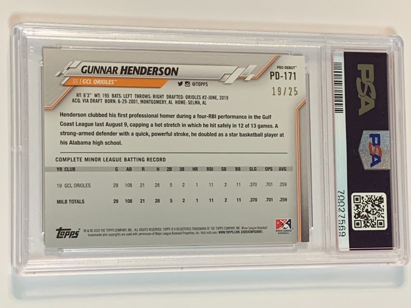 2020 Topps Pro Debut Orange #PD171 Gunnar Henderson /25 - PSA 9 (Mint) view 2