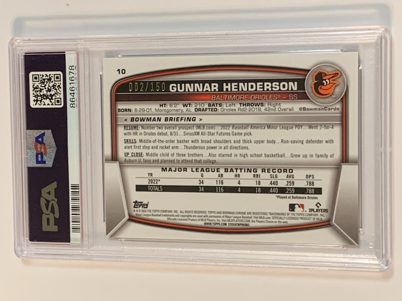 2023 Bowman Chrome Blue Refractor #10 Gunnar Henderson RC /150 - PSA 9 (Mint) view 2