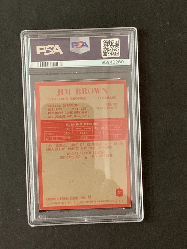1965 Jim Brown Philadelphia Cleveland Browns NFL Card #31 PSA 3 VG view 2