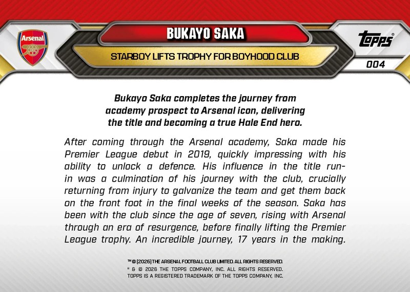 Bukayo Saka 2025-26 Arsenal FC Topps Now #4 Starboy PL Champions Presale view 2
