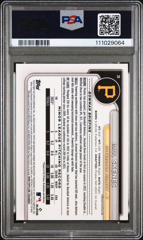 2024 Bowman Chrome Sapphire Edition - Paul Skenes #31 (RC) PSA 10 view 2