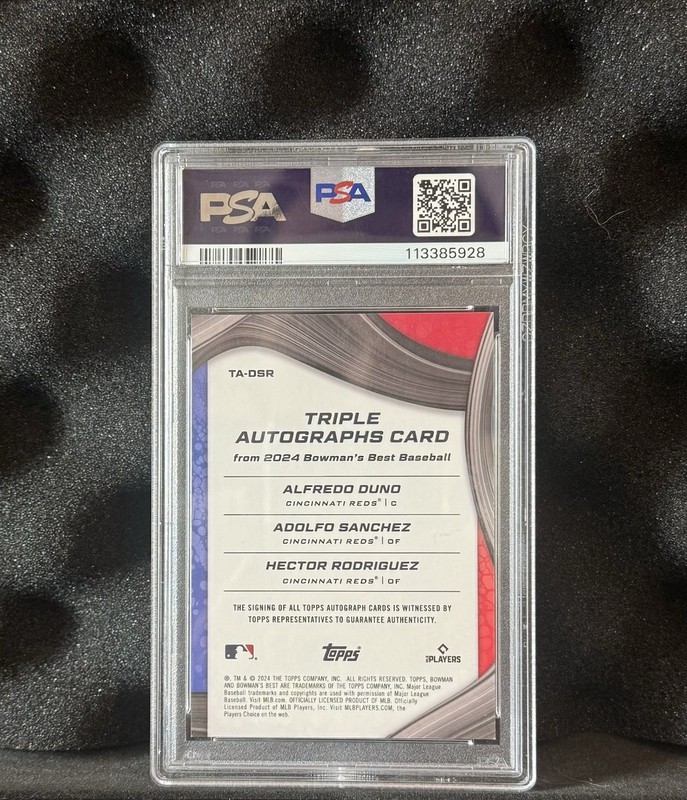2024 Bowman’s Best Triple Auto Orange /25 Duno, Sanchez, Rodriguez PSA 9 Reds view 2