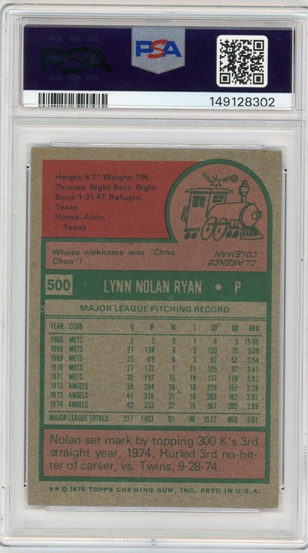 1975 Topps #500 Nolan Ryan Angels HOF PSA 6 EX-MT view 2