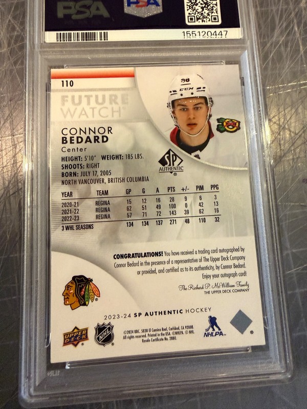 2023 SP AUTHENTIC #110 CONNOR BEDARD BLACKHAWKS ROOKIE AUTO 999 PSA 9 MINT view 2