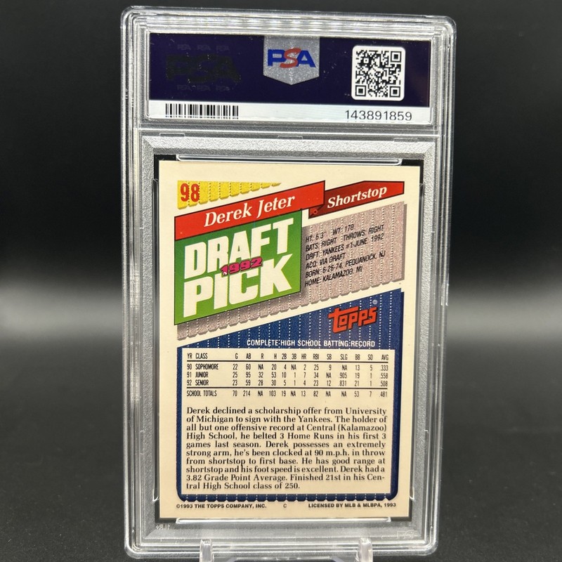 Topps 1993 Derek Jeter Rookie Draft Pick Yankees #98 PSA 9 Baseball Card view 2