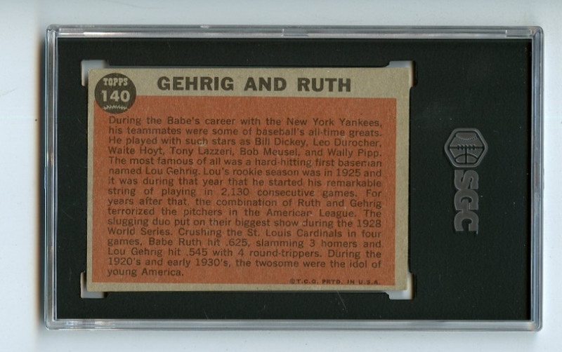 MA6 1962 Topps Baseball Card #140 Babe Ruth and Lou Gehrig - SGC 5 EX view 2