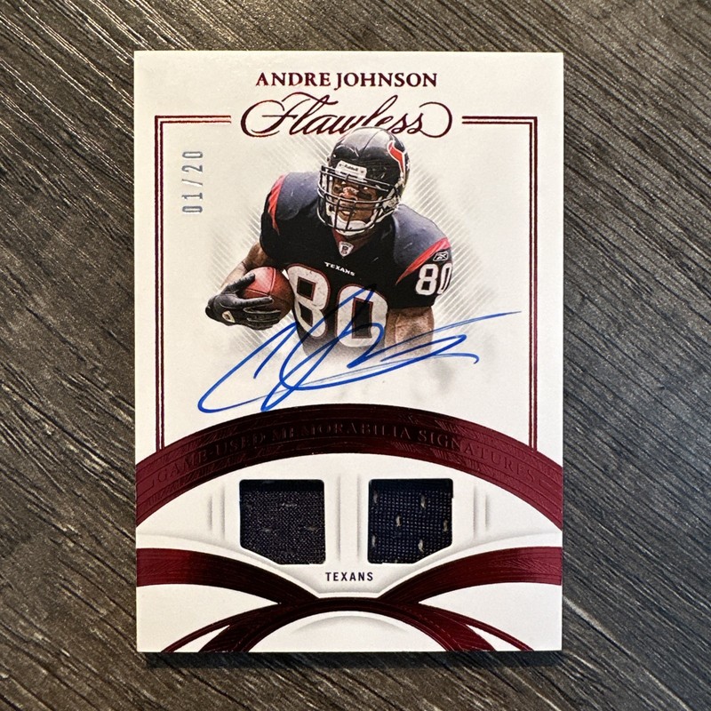 Andre Johnson 2025 Panini Flawless Dual Patch Auto Ruby 01/20 Texans Game-Used