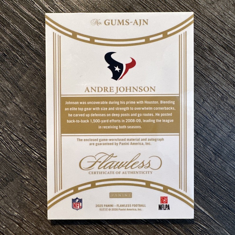 Andre Johnson 2025 Panini Flawless Dual Patch Auto Ruby 01/20 Texans Game-Used view 2