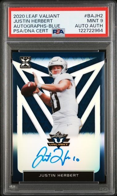 🔥 2020 LEAF VALIANT JUSTIN HERBERT BLUE XRC ROOKIE AUTO /25 MINT PSA 9 *POP 1🔥