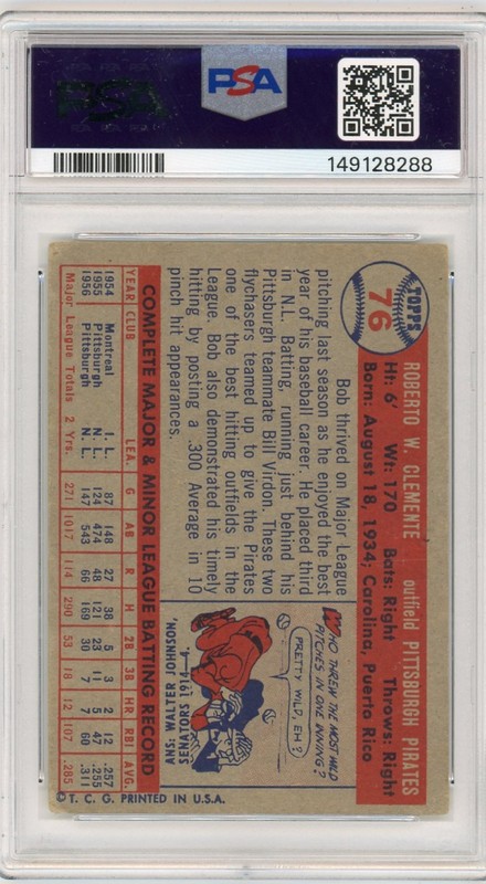 1957 TOPPS #76 BOB CLEMENTE PSA 2 view 2