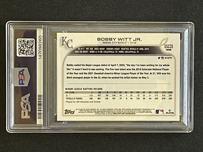2022 Topps Chrome Update Rookie Card Bobby Witt Jr. PSA 9 view 2