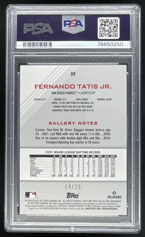 2022 Topps Gallery Orange #98 Fernando Tatis Jr./25 PSA 9 view 2