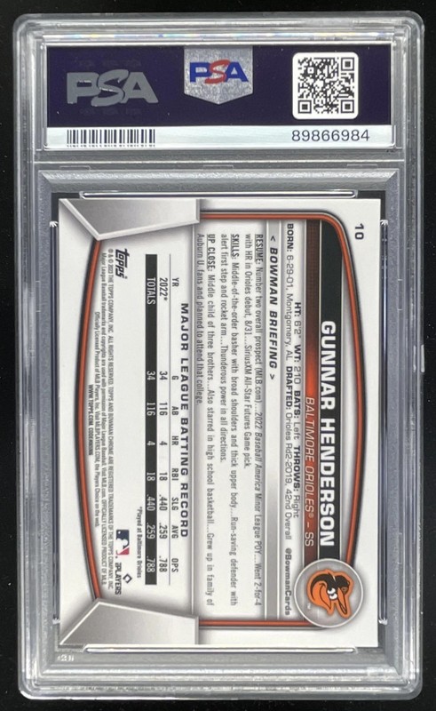 2023 Bowman Chrome #10 Gunnar Henderson SP RC Rookie PSA 9 view 2