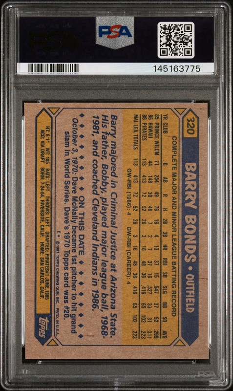 1987 Topps Barry Bonds RC #320 PSA 9 MINT Pittsburgh Pirates  view 2