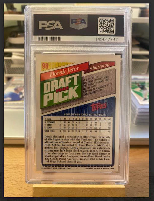 1993 Topps Derek Jeter Rookie RC #98 PSA 8 NM-MT Yankees HOF Draft Pick view 2