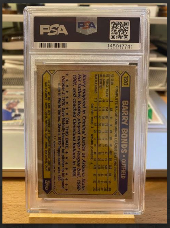 1987 Topps Barry Bonds Rookie RC #320 PSA 9 MINT Pirates HOF Investment view 2