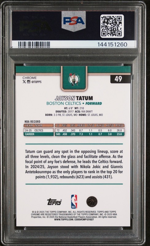 49 JAYSON TATUM IMAGE VARIATION-ORANGE /25 PSA GEM MINT 10 (POP 1) view 2