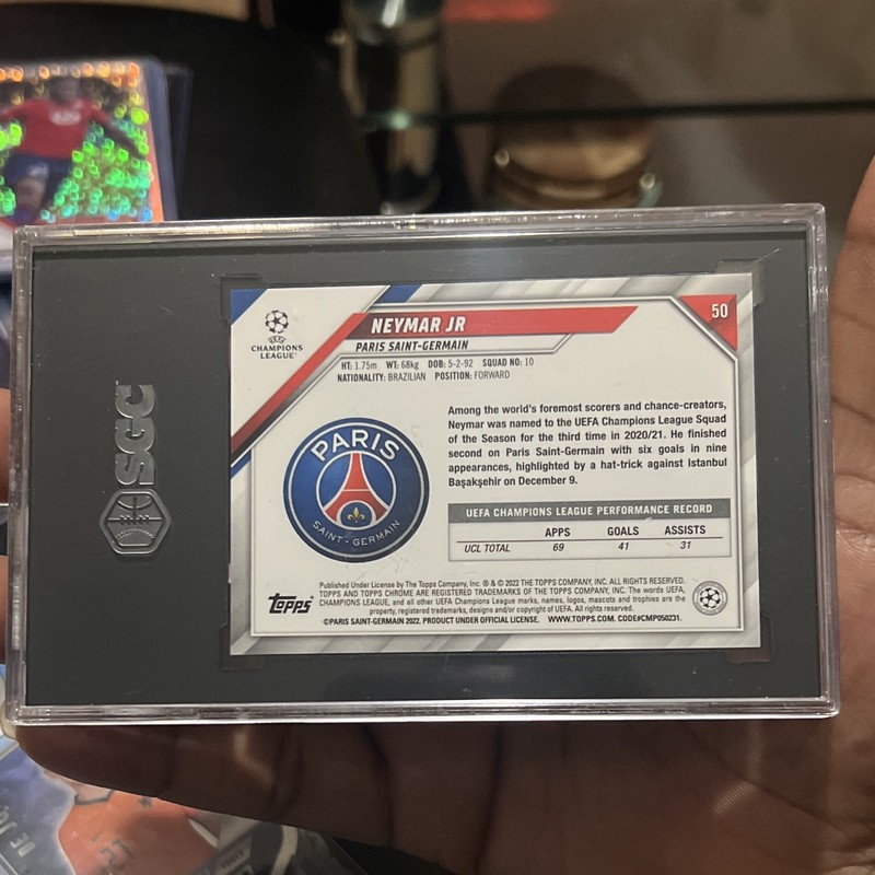 Topps Chrome UCL Neymar Jr PSG #50 Purple & Gold Starball Refractor SGC 9 view 2