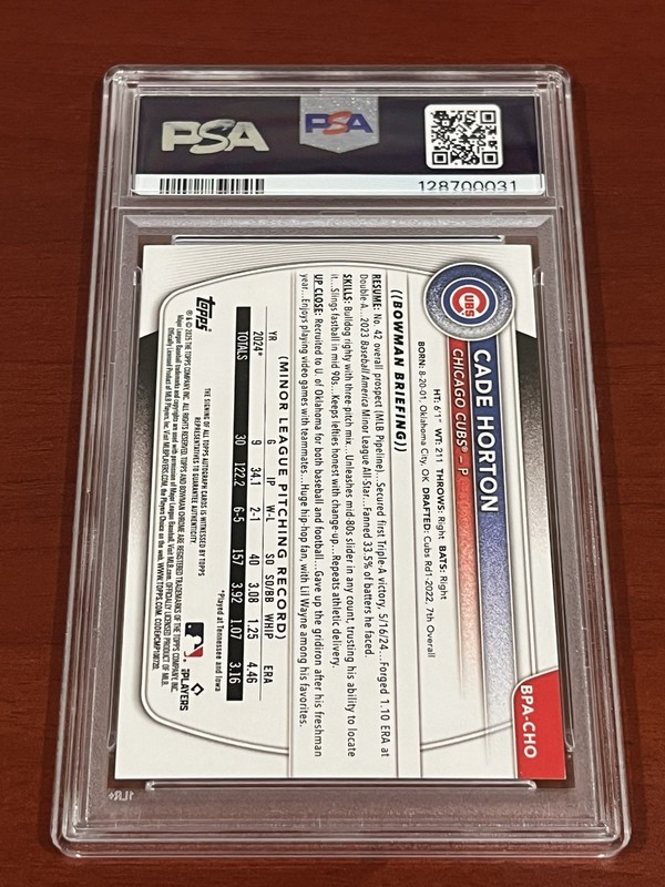 2025 Bowman Paper Prospect Retail Cade Horton #BPA-CHO PSA 9 MINT Rookie Auto RC view 2