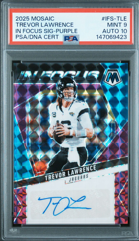 Trevor Lawrence 2025 Mosaic In Focus Signatures Purple Auto /49 PSA 9 Auto 10