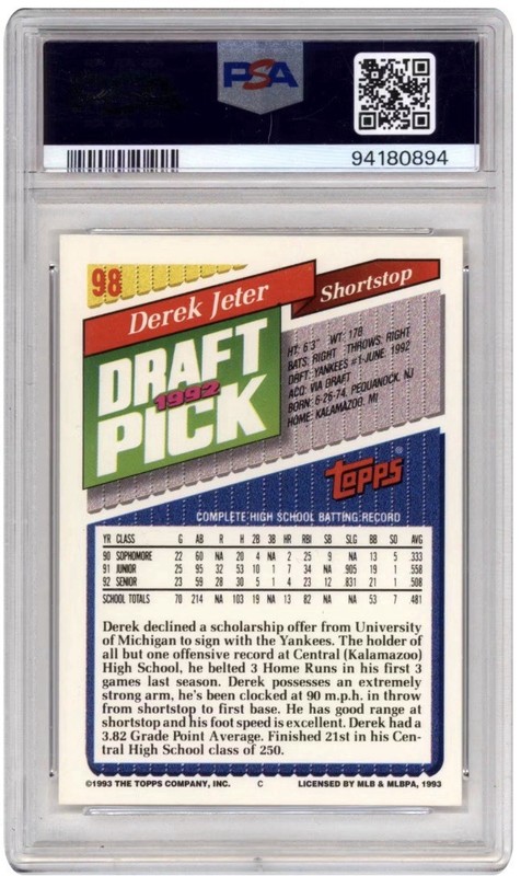 1993 Topps - Derek Jeter #98 Florida Marlins (RC) NY Yankees PSA 8 view 2