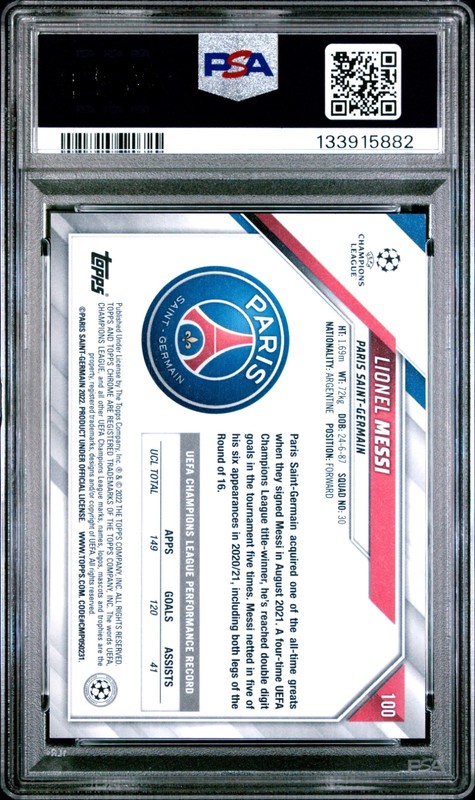 Lionel Messi RARE SPECKLE REFRACTOR TOPPS CHROME INVESTMENT CARD ROY MVP PSA 9 view 2