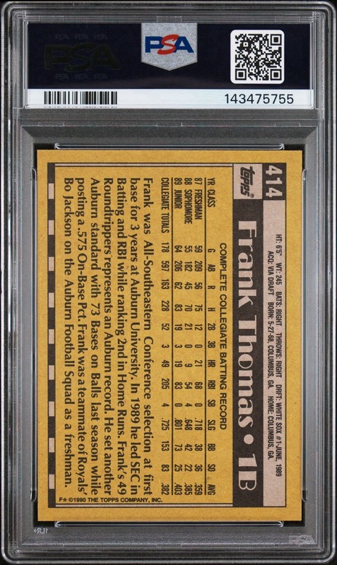 1990 Topps Frank Thomas RC NOF #414 PSA 9 MINT Chicago White Sox view 2
